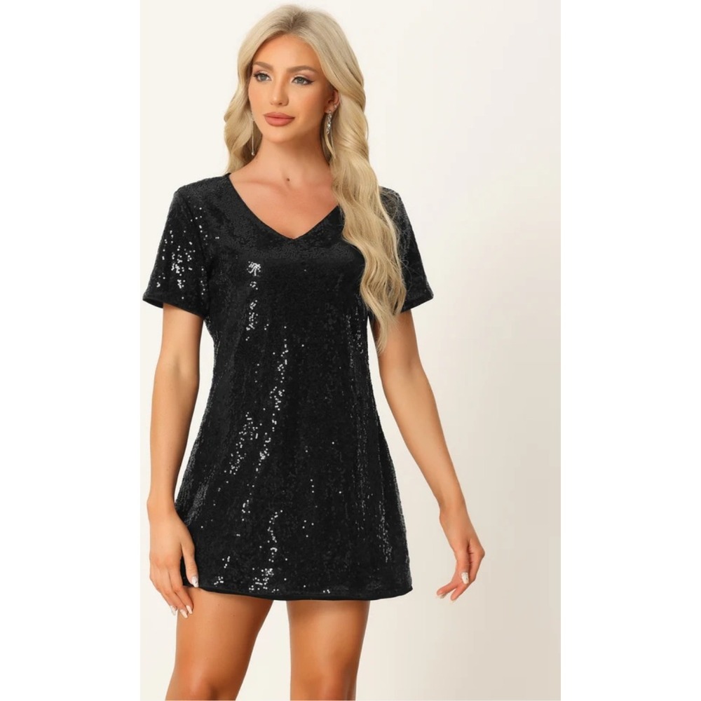 Allegra K Sequin Dress‎ V Neck Short Sleeve Party Cocktail Club Mini Dress NWT